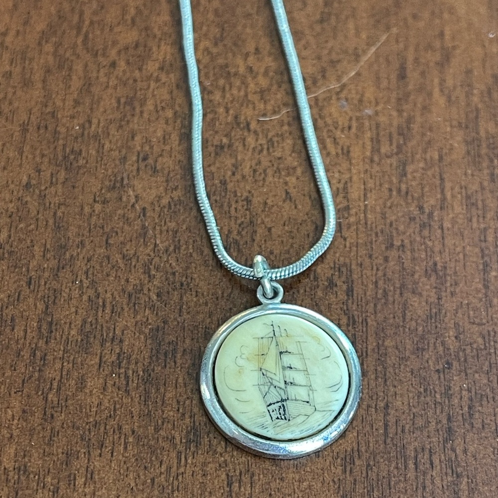 Silver Pendant Necklace with Ship Design Not scrimshaw
